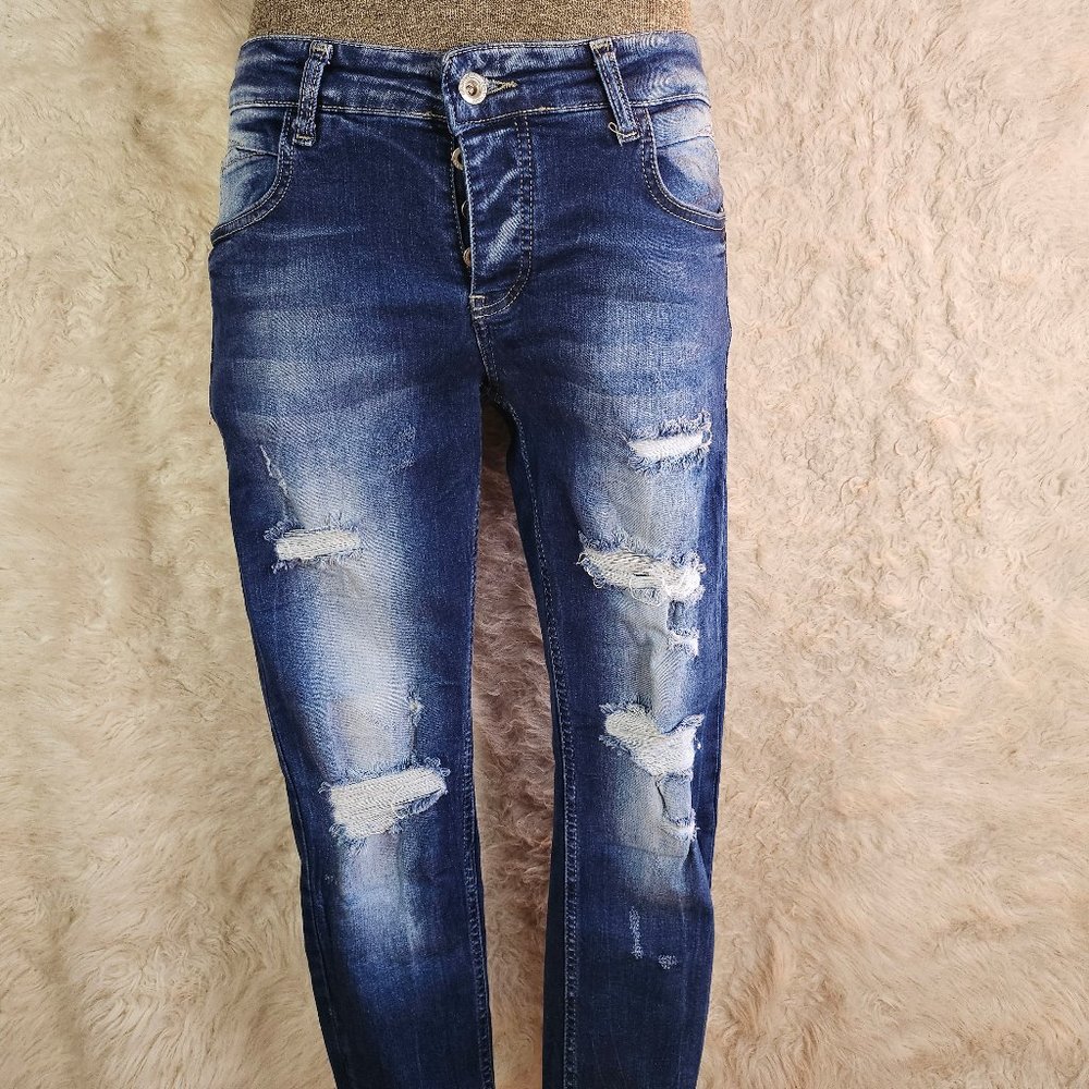 Denim House Men's Blue Slim Fit Fly Buttons Distressed Ripped Jeans W32/L32